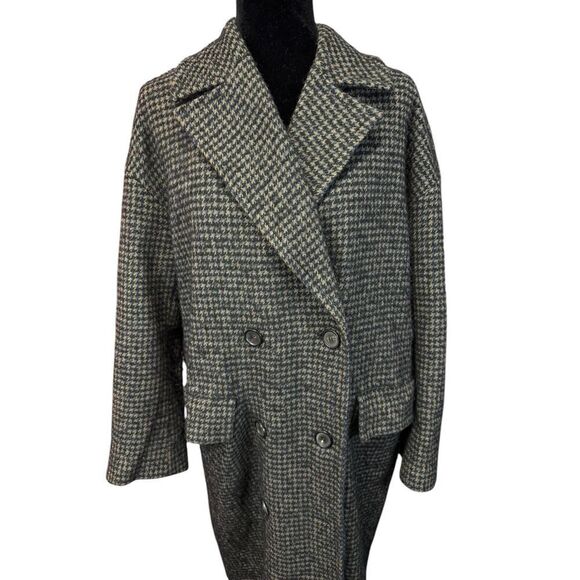 ZARA Houndstooth Wool Blend Long Coat Size L Brown Navy Double Breasted - Picture 3 of 14
